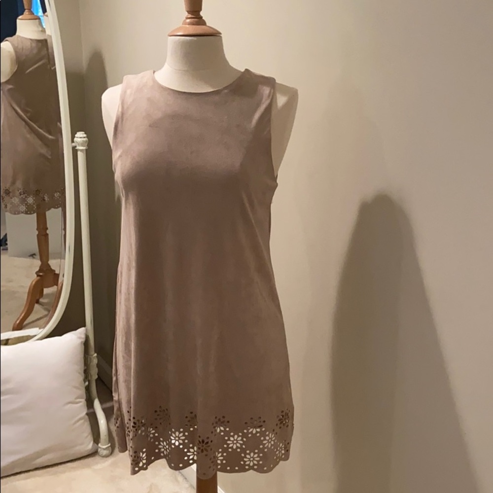 Cute Tan Suede Dress with Cutout Hem